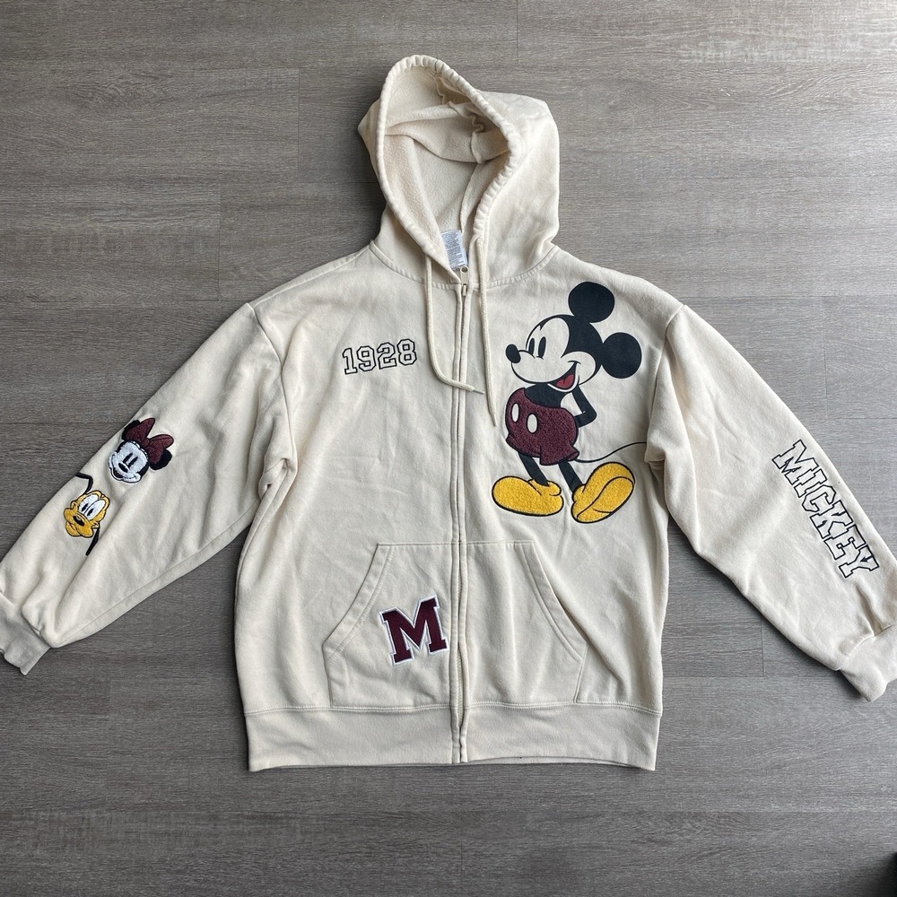 Disney Mickey Mouse Full Zip Embroidered 1928 Hoodie Ivory Medium Characters 367